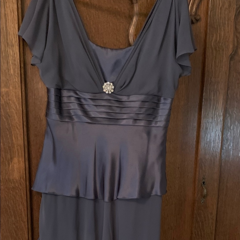 Mother of the bride dress. Beautiful gray with brocade and layers of chiffon.